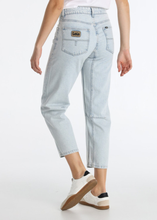 Jeans Mom Fit Tiro Largo Diseño Piezas Azul