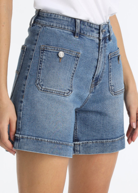 Short Vaquero Bolsillos Plastrón Estilo Safari Azul