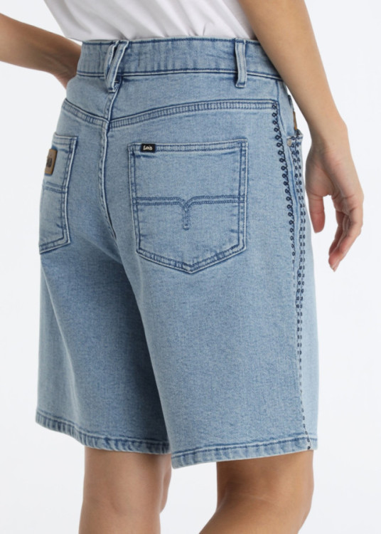 Short Vaquero Relaxed Bordado Lateral Decorativo Azul