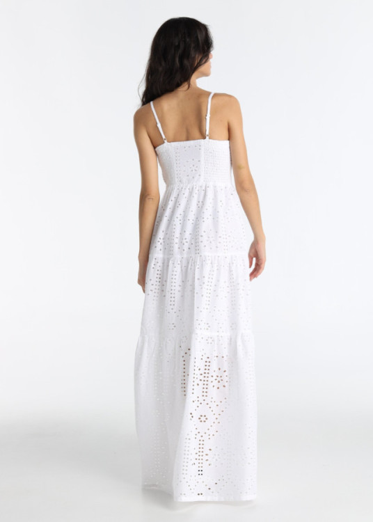 Vestido Largo En Tejido Troquelado Blanco