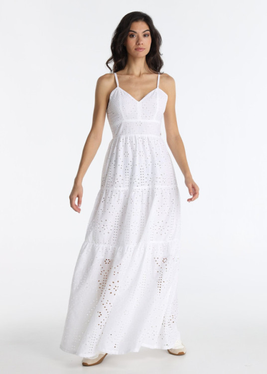 Vestido Largo Tejido Troquelado Blanco