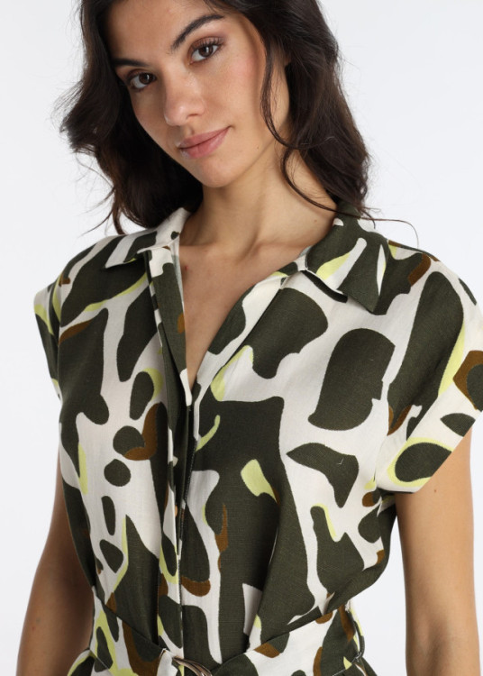 Vestido Largo Camisero Con Estampado Animal Print Verde