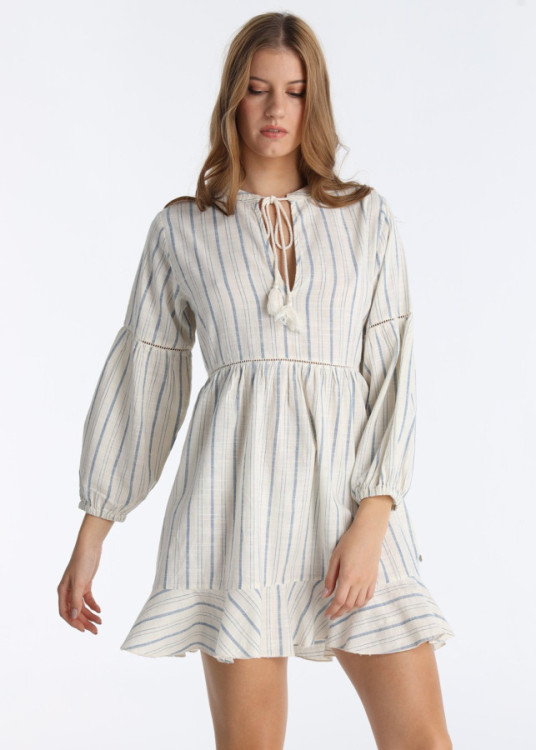 Vestido Corto Con Pasamanería Y Detalle De Pompones Blanco