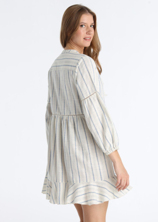 Vestido Corto Con Pasamanería Y Detalle De Pompones Blanco