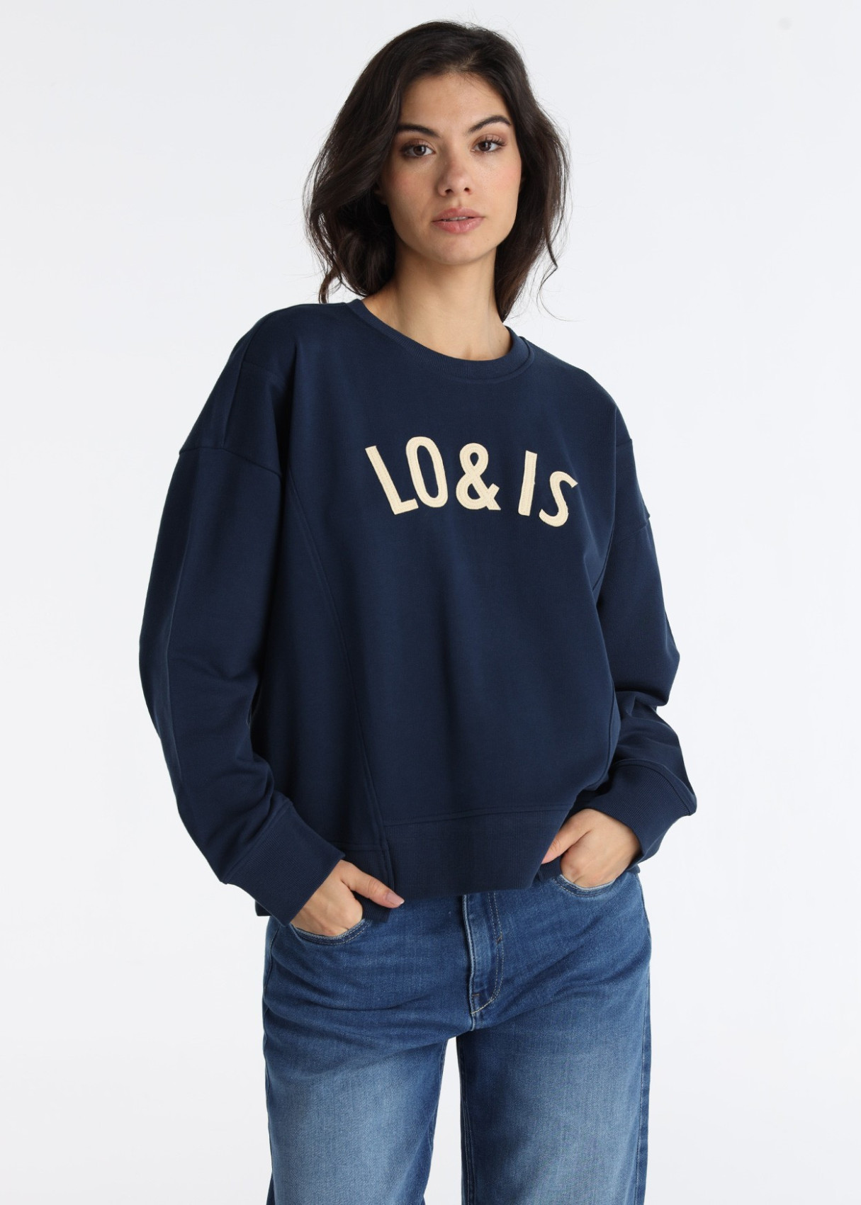 Sudadera Cuello Caja Bajo Asimétrico Gráfica Azul