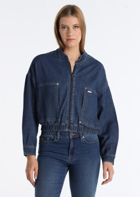 Cazadora Vaquera Bolsillos Plastrón Lavado Azul