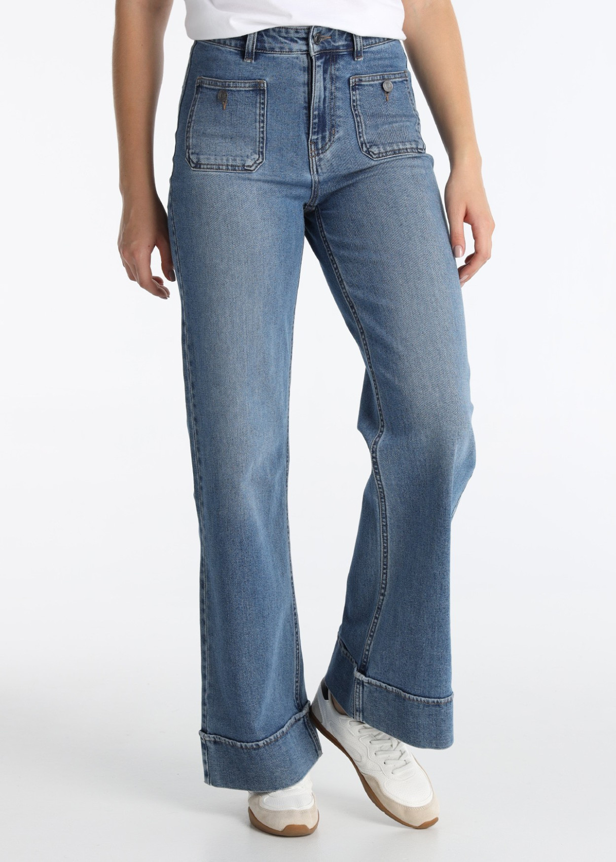 Jeans Wide Leg Bolsillos Plastrón Estilo Marinero Azul