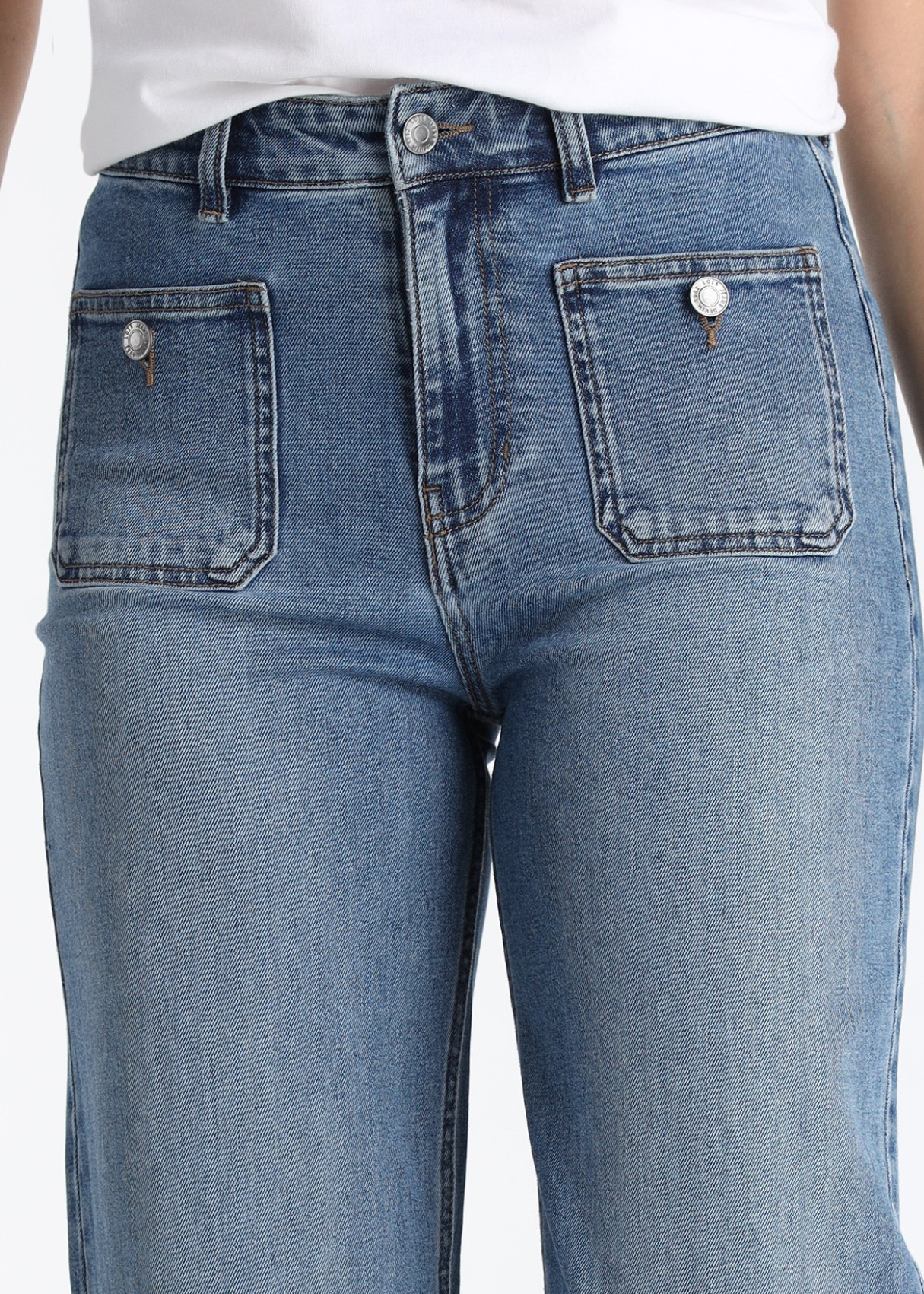 Jeans Wide Leg Bolsillos Plastrón Estilo Marinero Azul