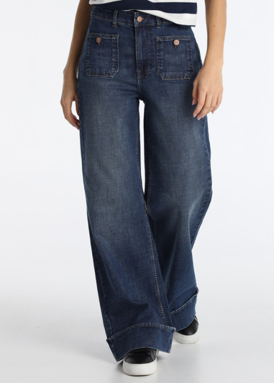 Jeans Wide Leg Tiro Medio Lavado Azul
