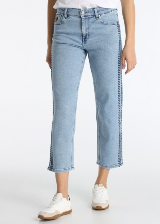 Jeans Straight Crop Bordado Lateral Exclusivo Azul