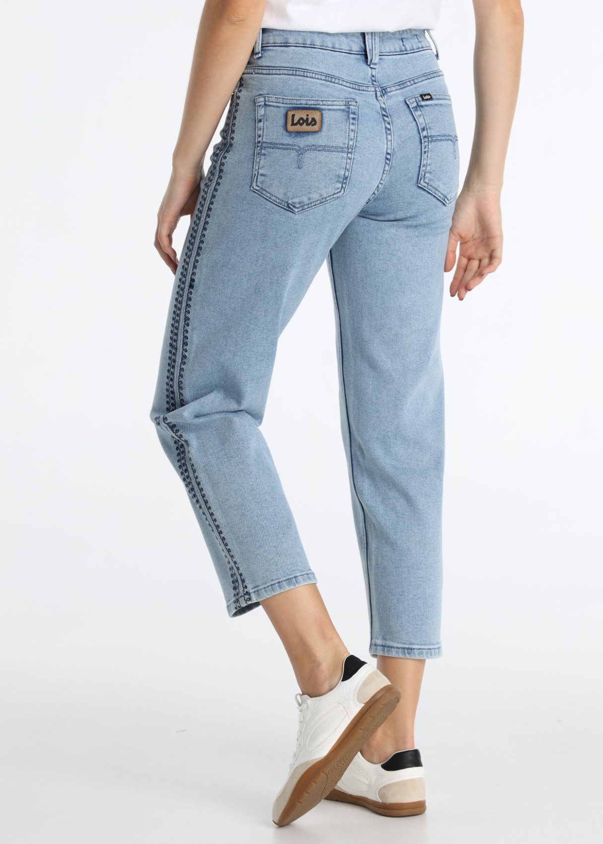 Jeans Straight Crop Bordado Lateral Exclusivo Azul