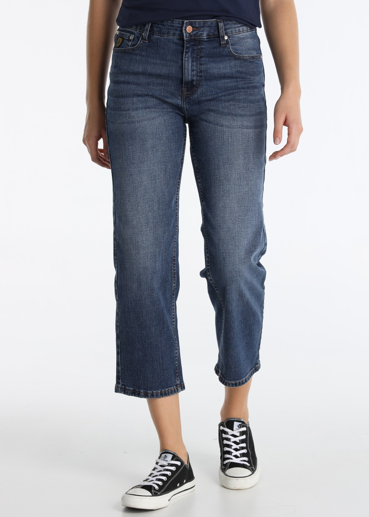 Jeans Straight Crop Denim Azul Oscuro Elástico Azul