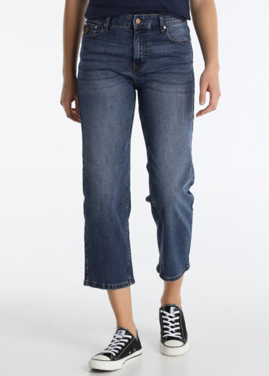 Jeans Straight Crop Denim Azul Oscuro Elástico Azul