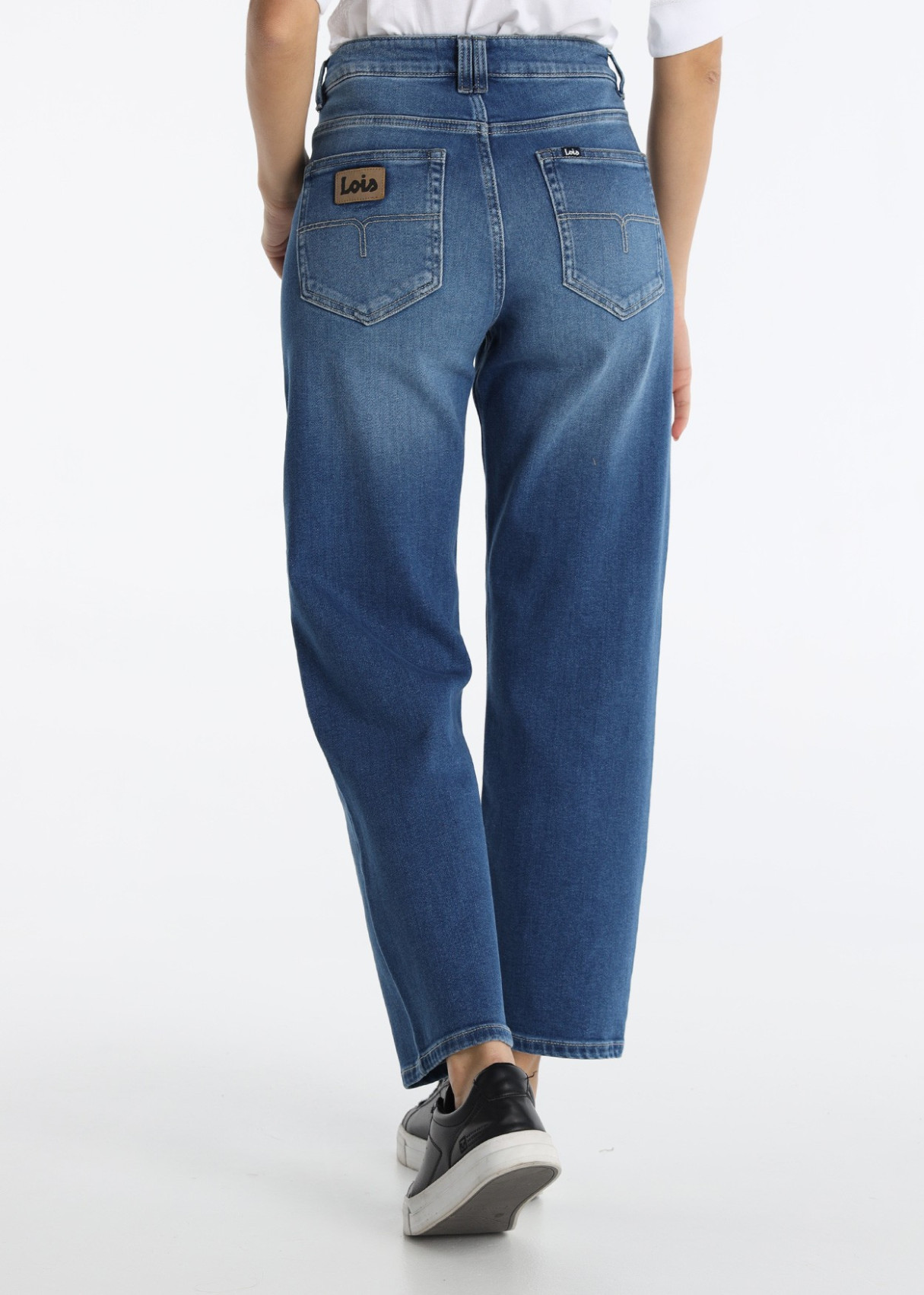 Jeans Straight Crop Tiro Medio Lavado Oscuro Azul