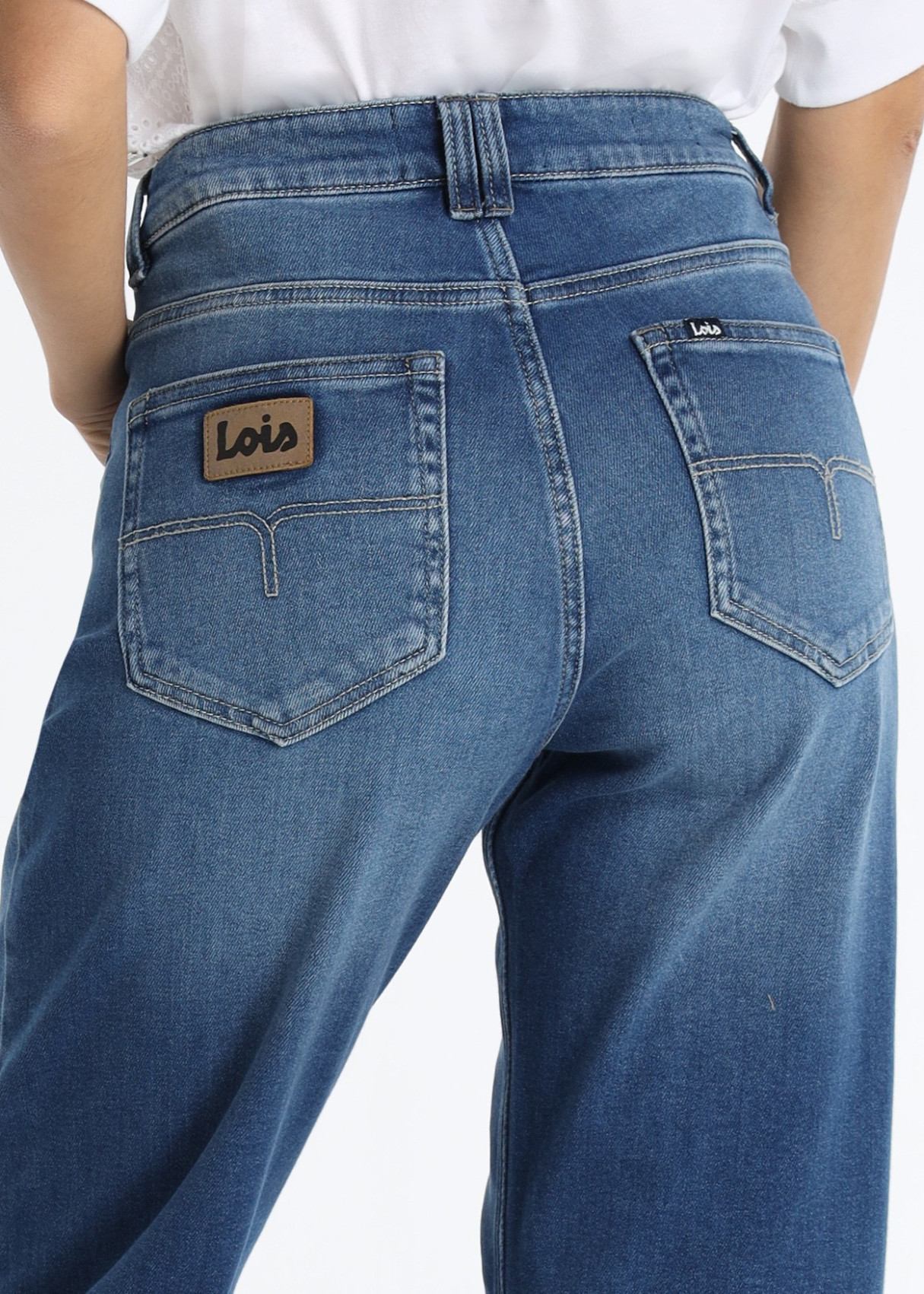 Jeans Straight Crop Tiro Medio Lavado Oscuro Azul