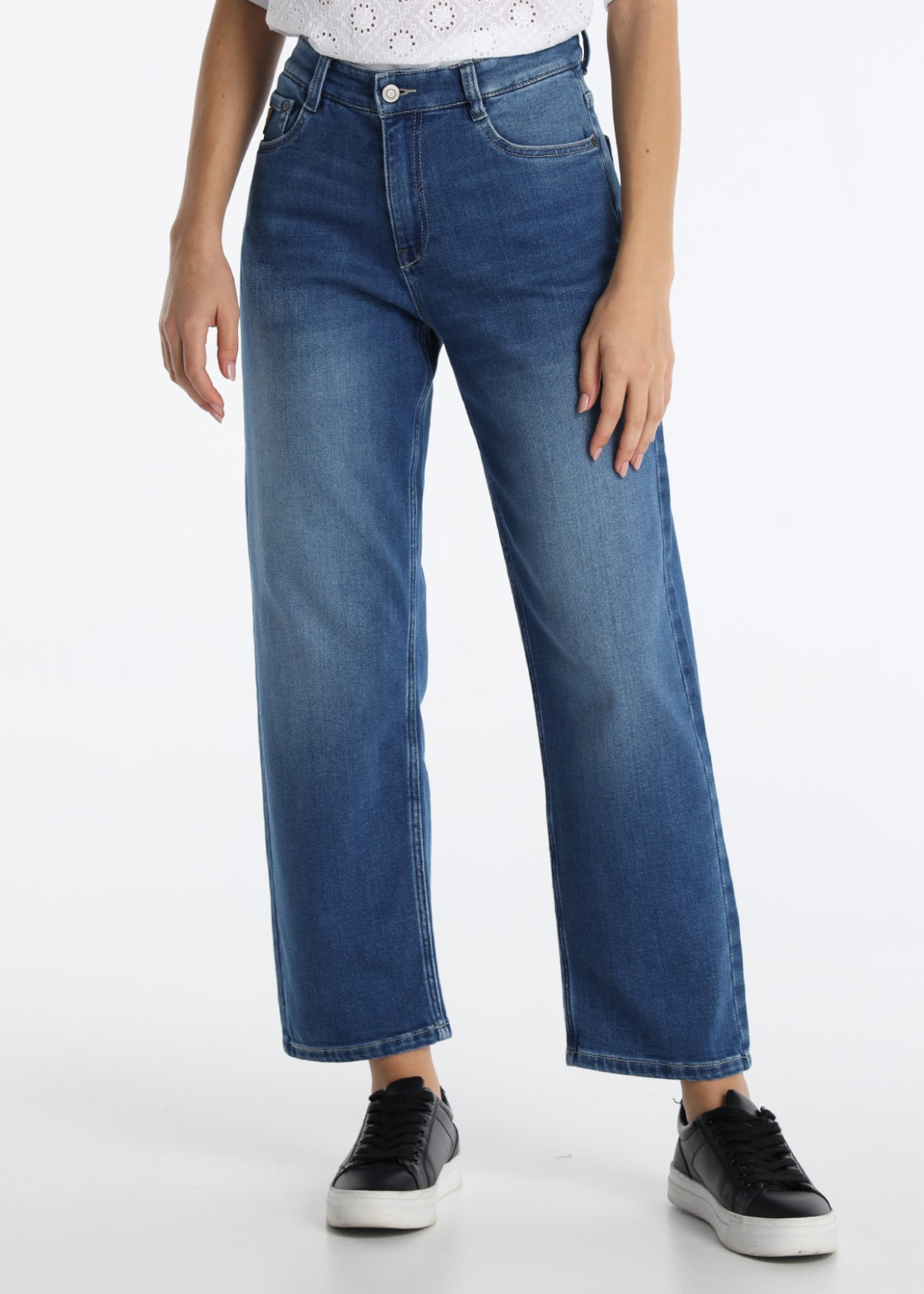 Jeans Straight Crop Tiro Medio Lavado Oscuro Azul