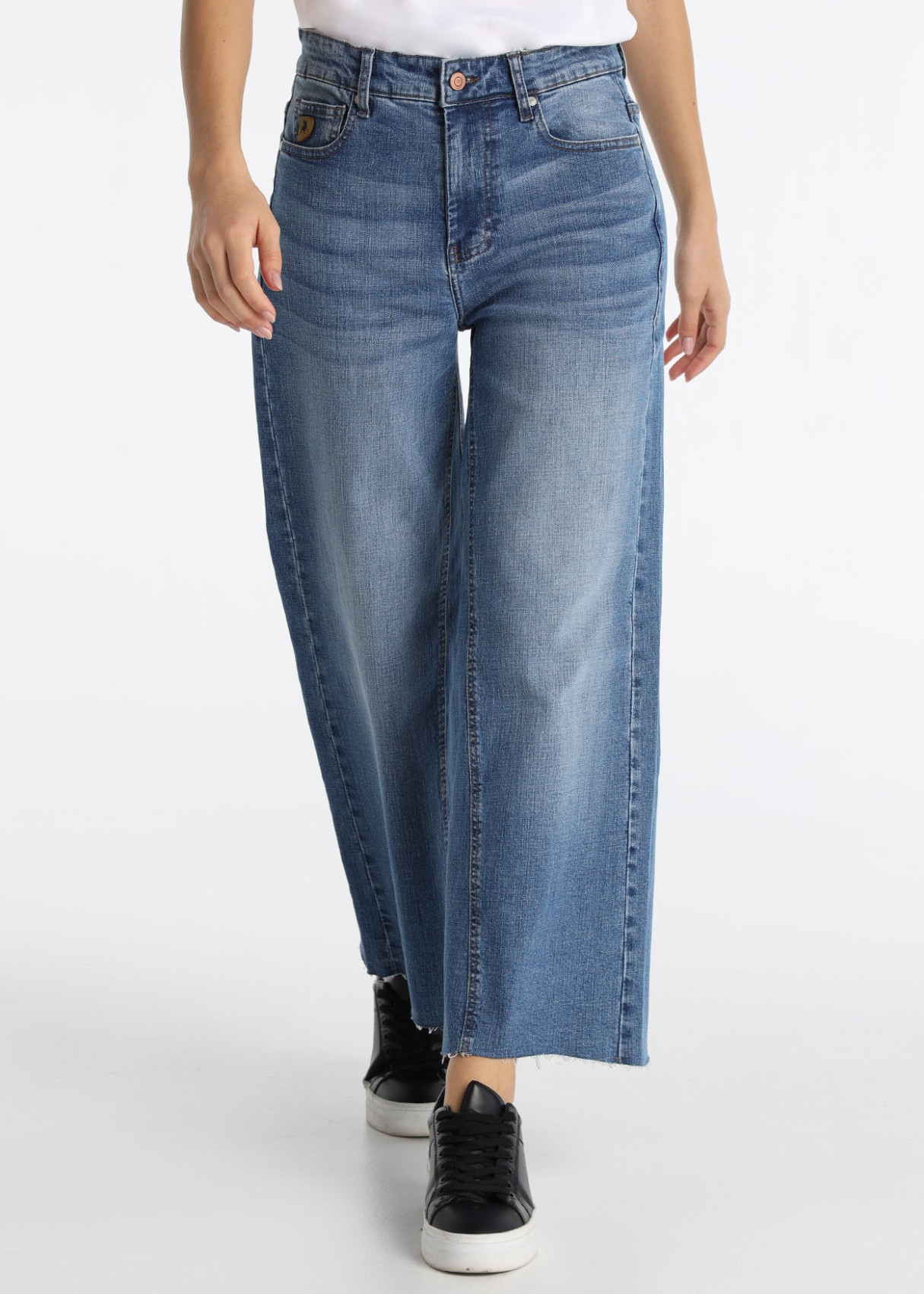 Jeans Wide Leg Crop Tejido Cross Medio Azul