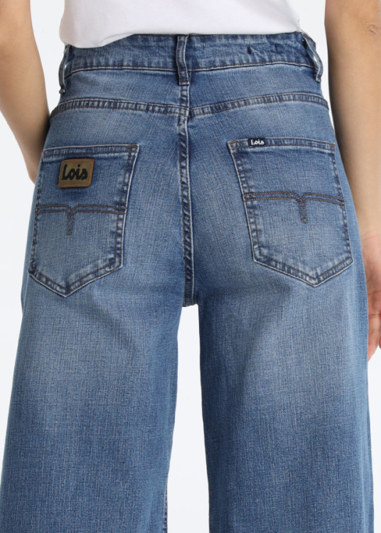 Jeans Wide Leg Crop Tejido Cross Medio Azul