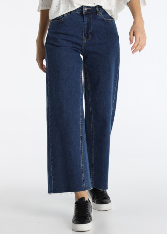 Jeans Wide Leg Crop Corte Ancho Lavado Stone Azul