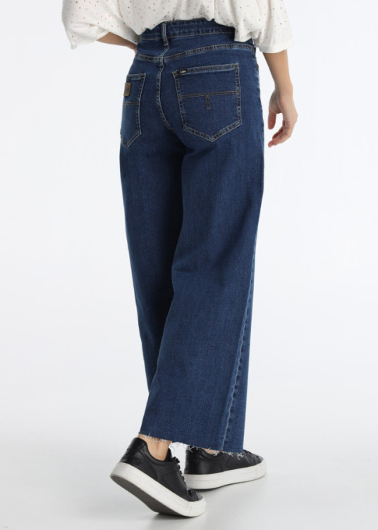 Jeans Wide Leg Crop De Corte Ancho Con Lavado Stone Azul