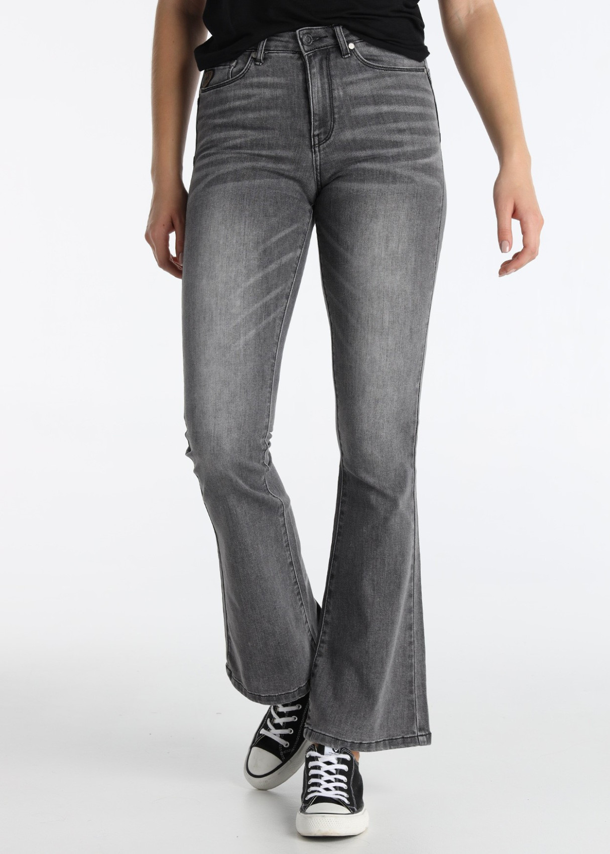 Jeans Flare Push Up Tiro Muy Corto Gris
