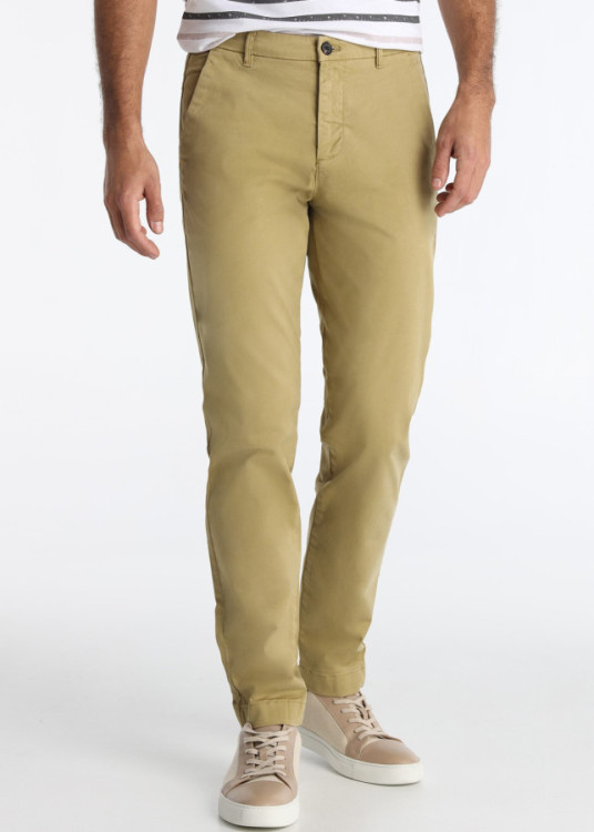 Pantalón Chino Slim Sarga Algodón Elástico Verde