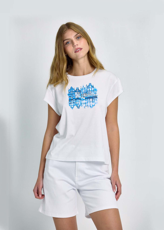 Camiseta Gráfica Casas Detalle Strass Blanco