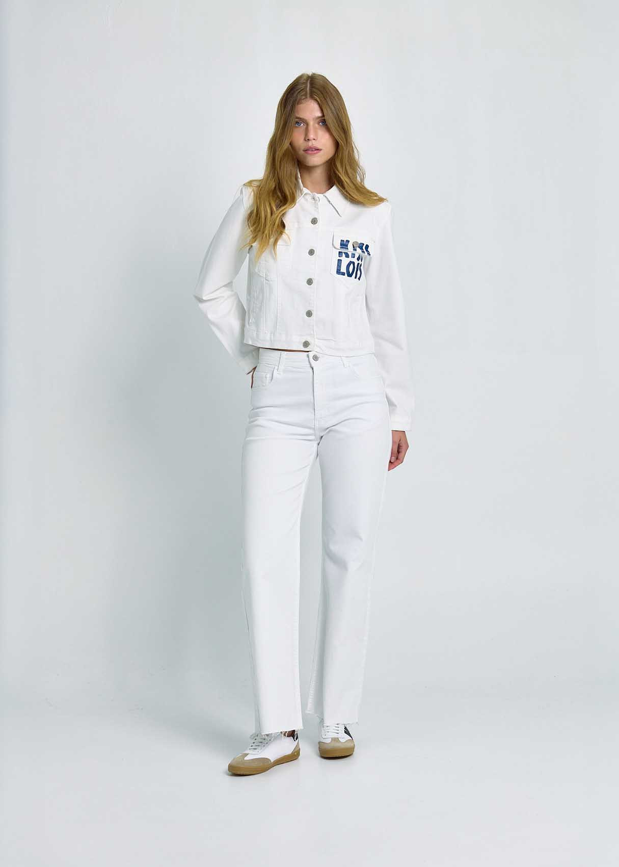 Jeans Wide Leg Bordado Bolsillo Trasero Blanco