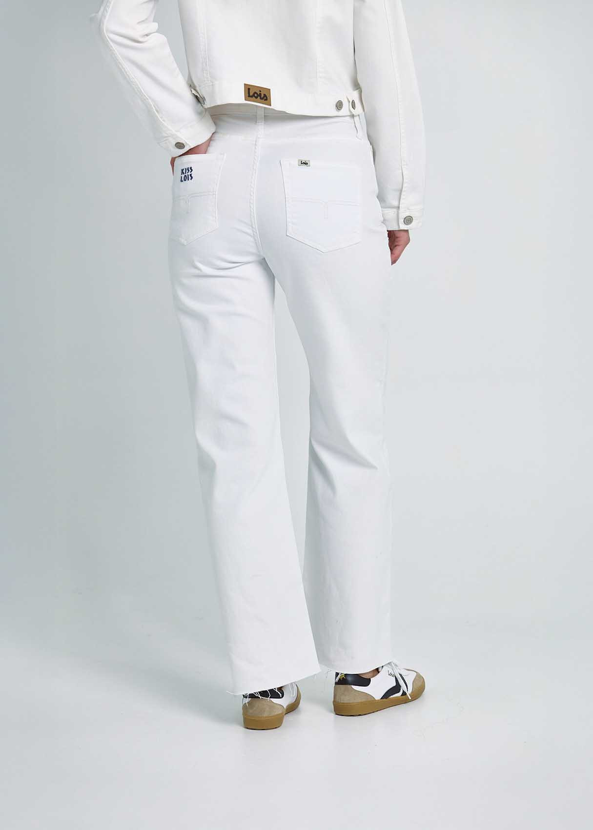 Jeans Wide Leg Bordado Bolsillo Trasero Blanco