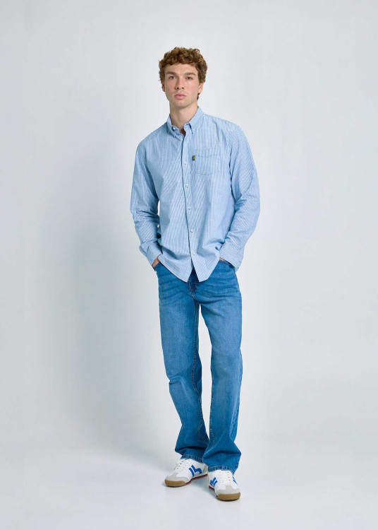 Camisa Rayas Verticales Bolsillo Frontal Azul