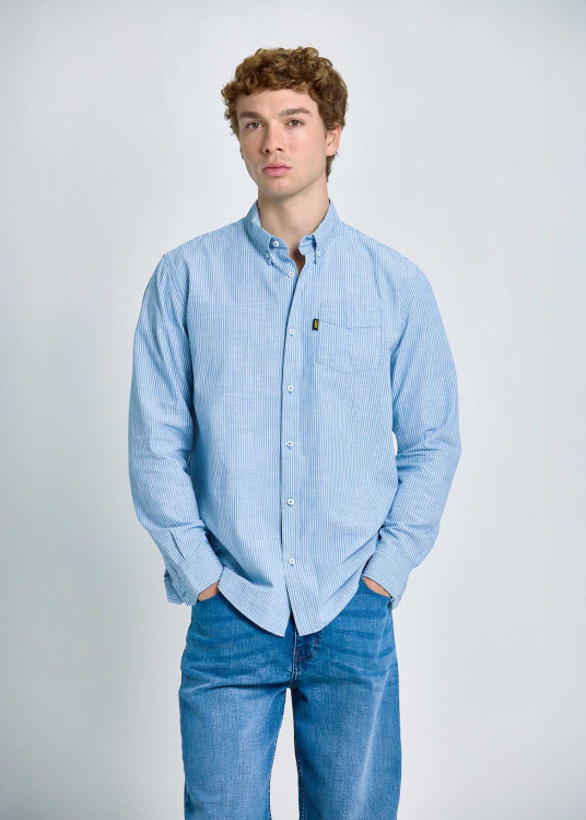 Camisa De Rayas Verticales Con Bolsillo Frontal Azul