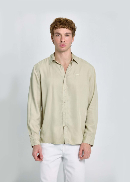 Camisa De Fibras De Tencel Con Logo Bordado Amarillo Beige
