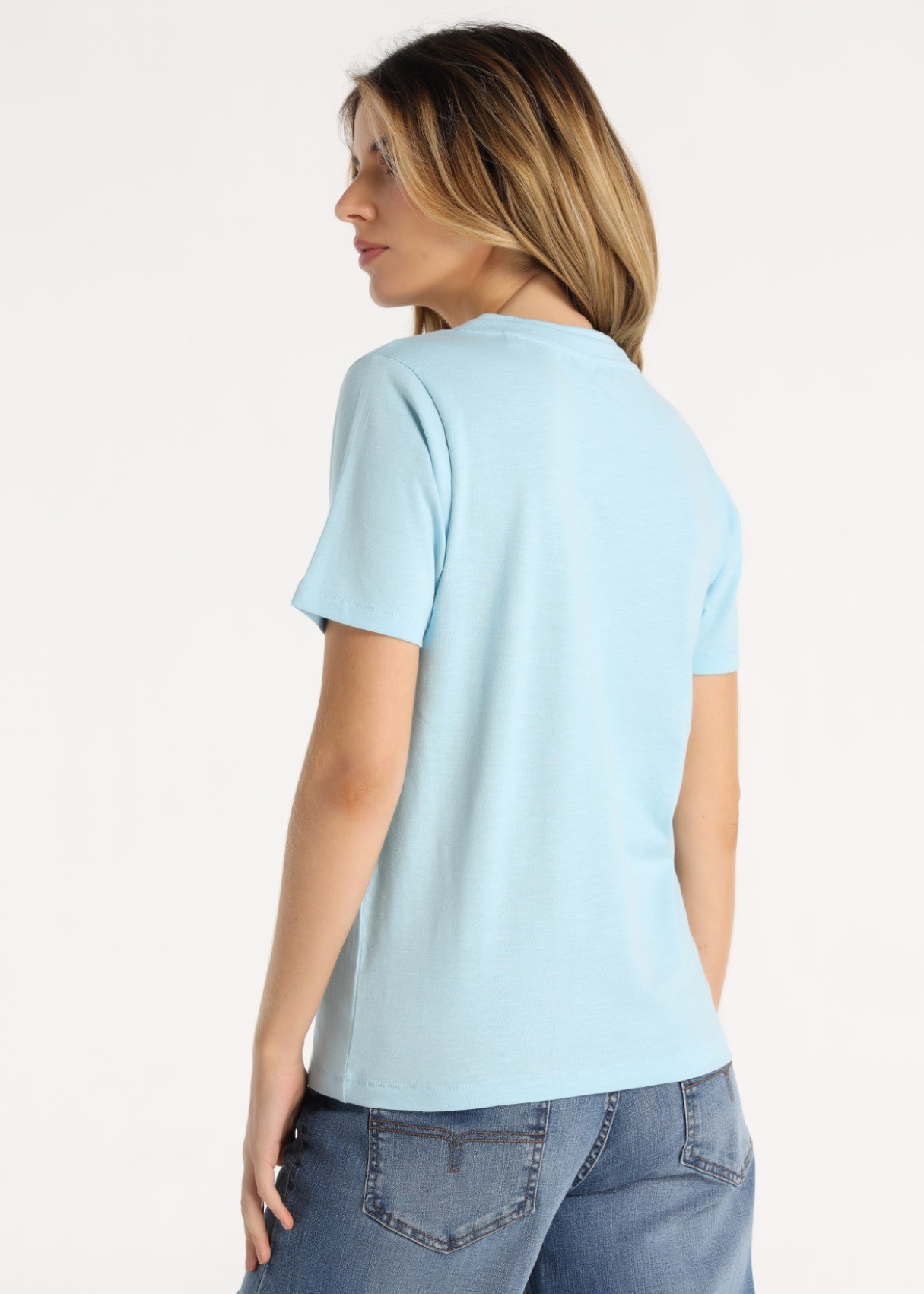 Camiseta De Algodón Con Doble Cuello Rib En Azul