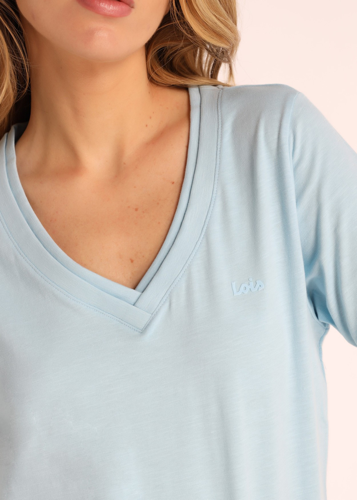 Camiseta De Algodón Con Doble Cuello Rib En Azul