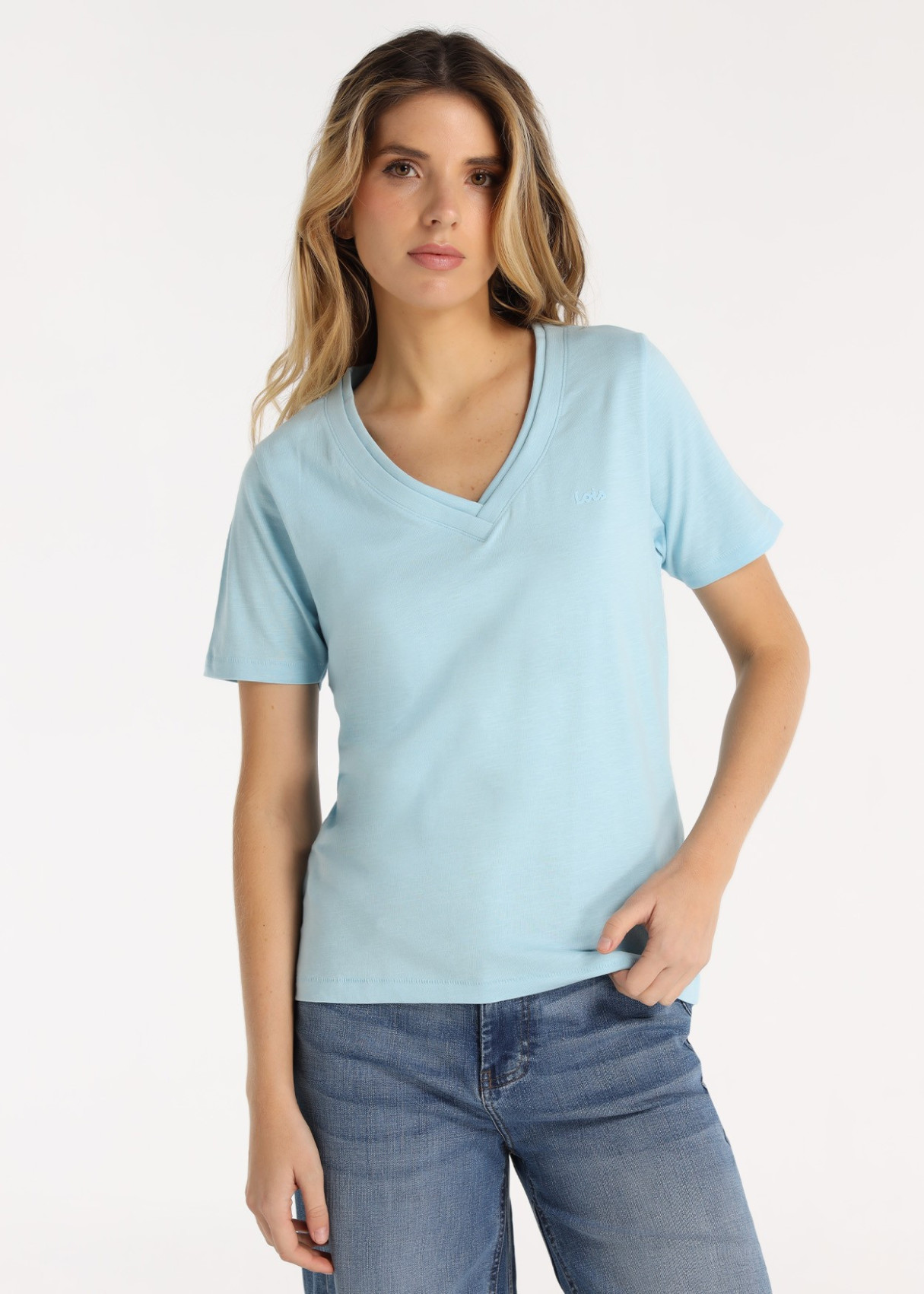 Camiseta De Algodón Con Doble Cuello Rib En Azul