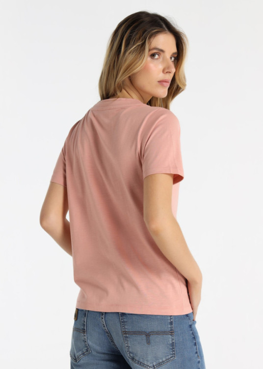 Camiseta De Algodón Con Doble Cuello Rib En Rosa