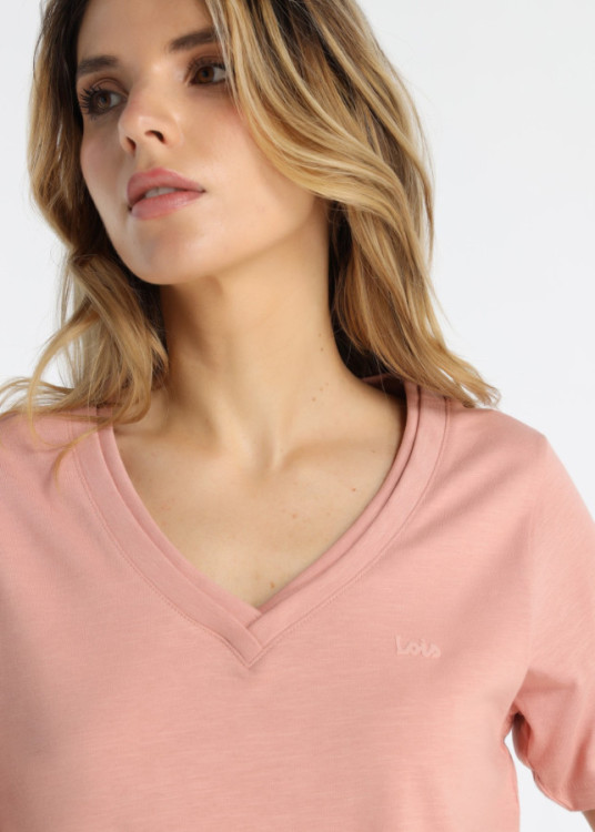 Camiseta De Algodón Con Doble Cuello Rib En Rosa