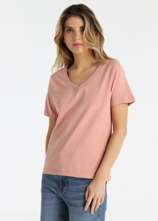 Camiseta De Algodón Con Doble Cuello Rib En Rosa