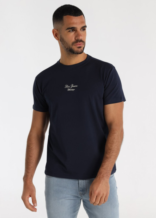 Camiseta Slim Elástica Bordado Pecho Azul