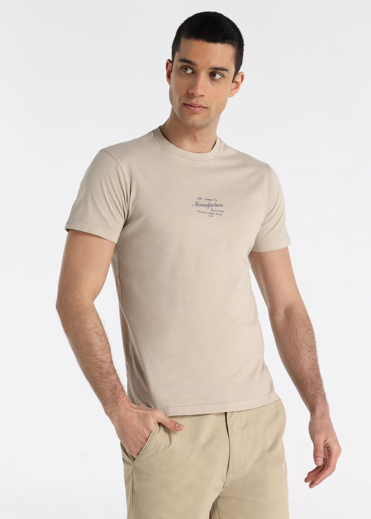 Camiseta Gráfica Diseño Máquina Espalda Beige