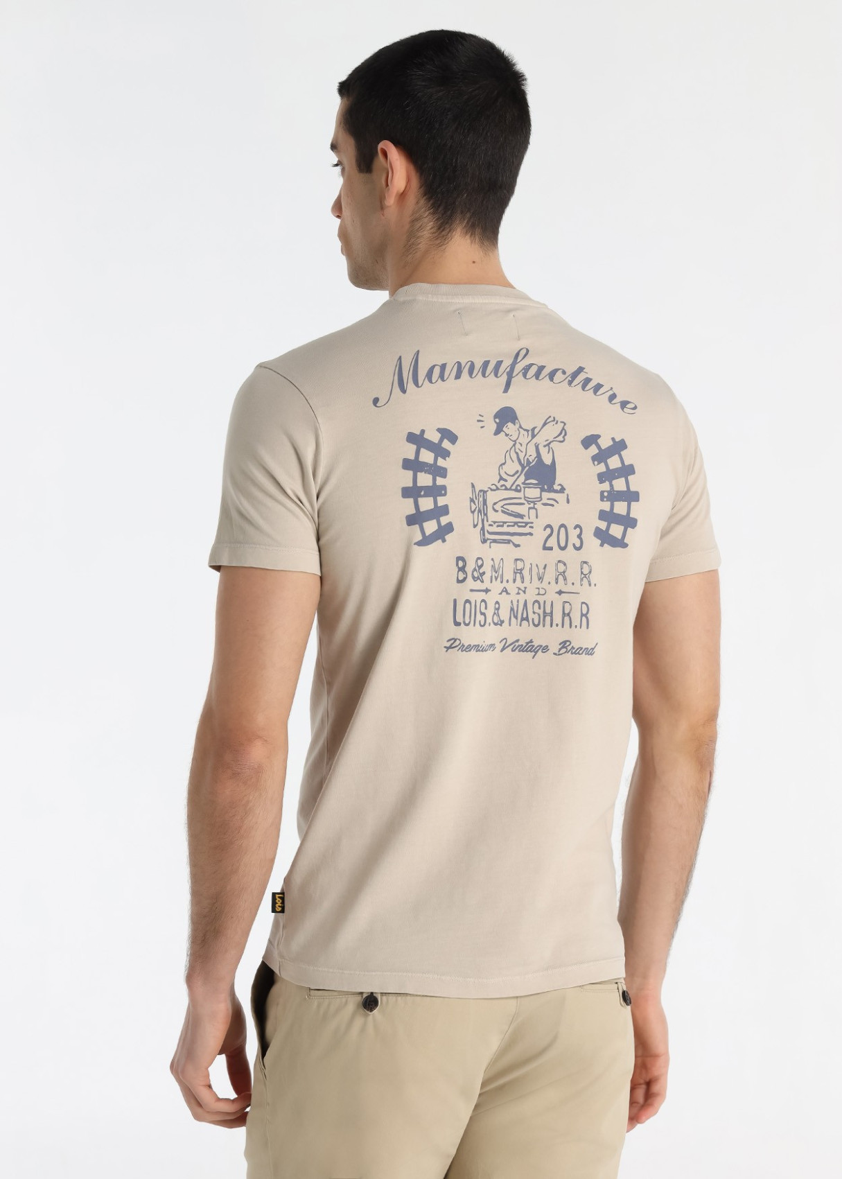 Camiseta Gráfica Diseño Máquina Espalda Beige