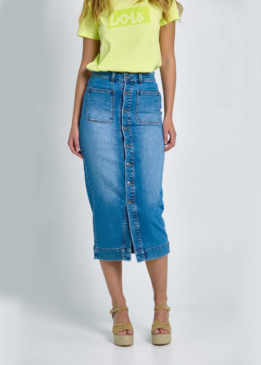 Falda Vaquera Abotonada Bolsillos Plastrón Frontales Azul