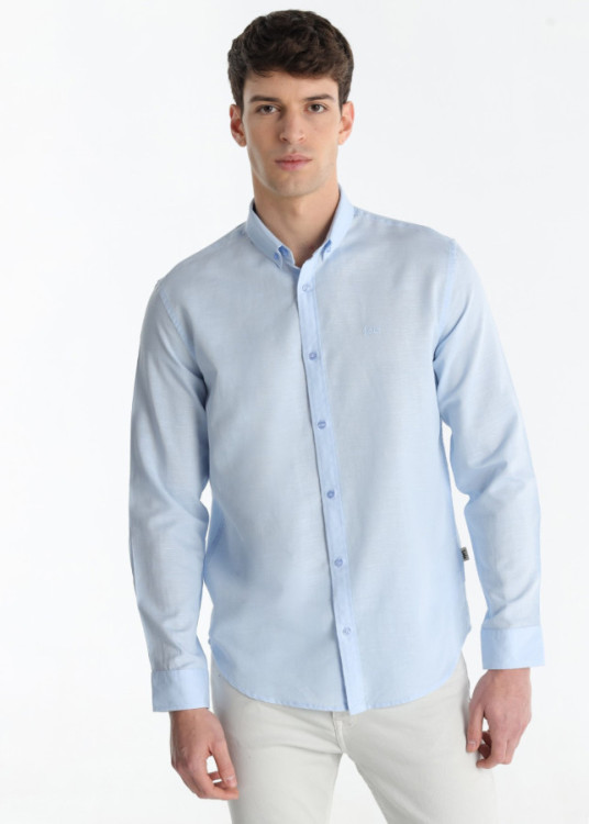 Camisa Básica Tejido Mezcla De Lino De Manga Larga azul claro