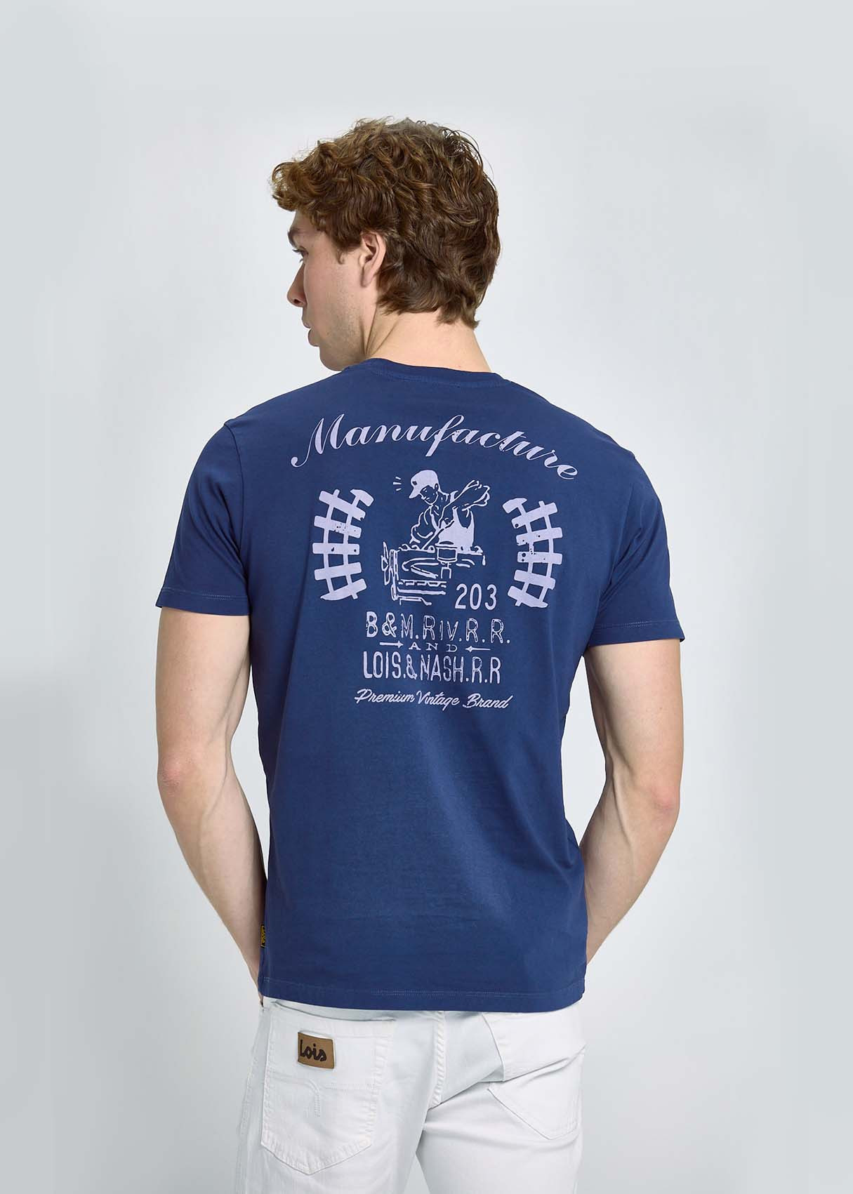 Camiseta Gráfica Diseño Máquina Espalda Azul