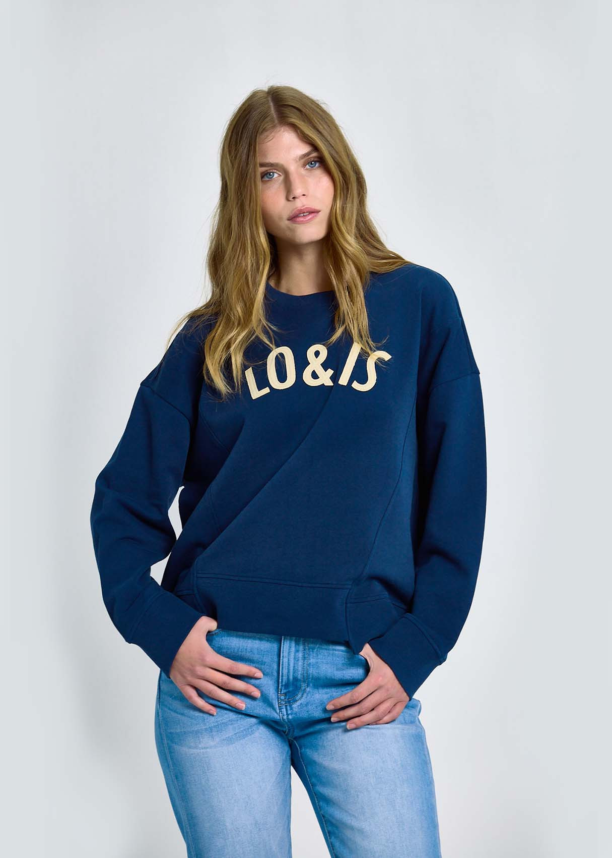 Sudadera Cuello Caja Bajo Asimétrico Gráfica Azul