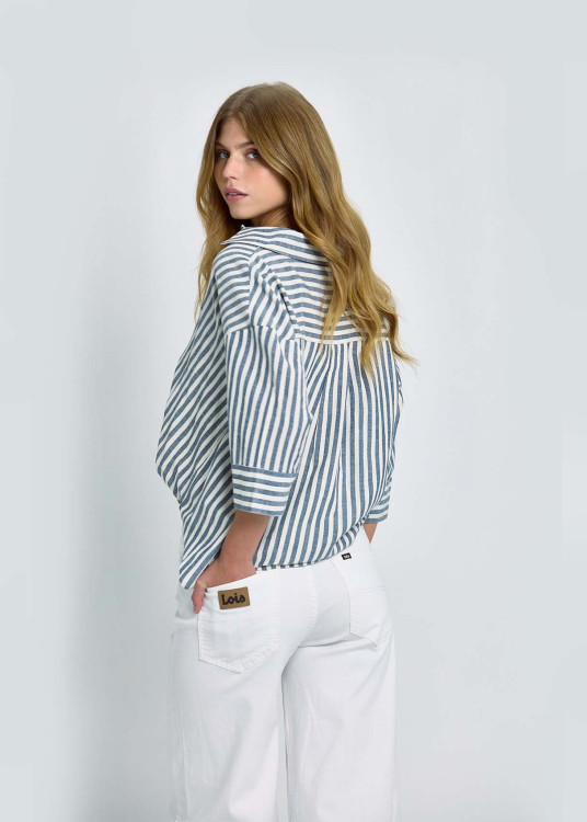 Blusa De Rayas Con Cierre De Botones Y Nudo Frontal Azul