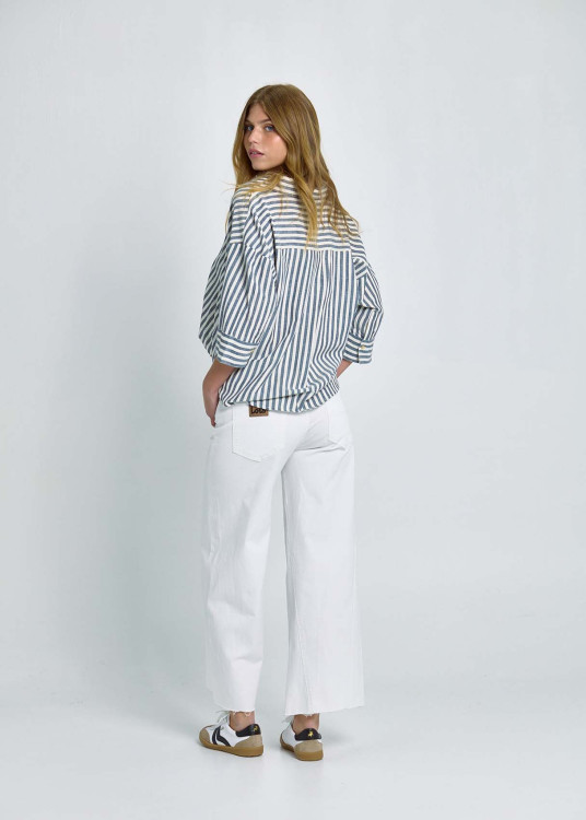 Blusa De Rayas Con Cierre De Botones Y Nudo Frontal Azul