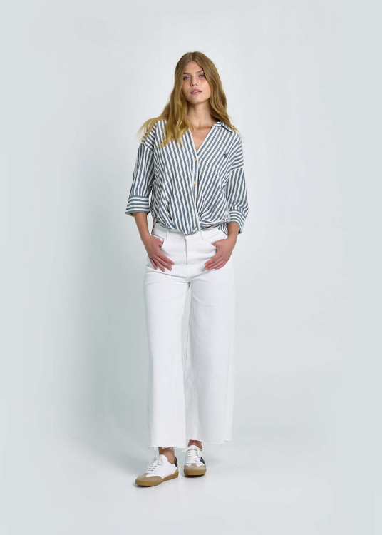 Blusa De Rayas Con Cierre De Botones Y Nudo Frontal Azul