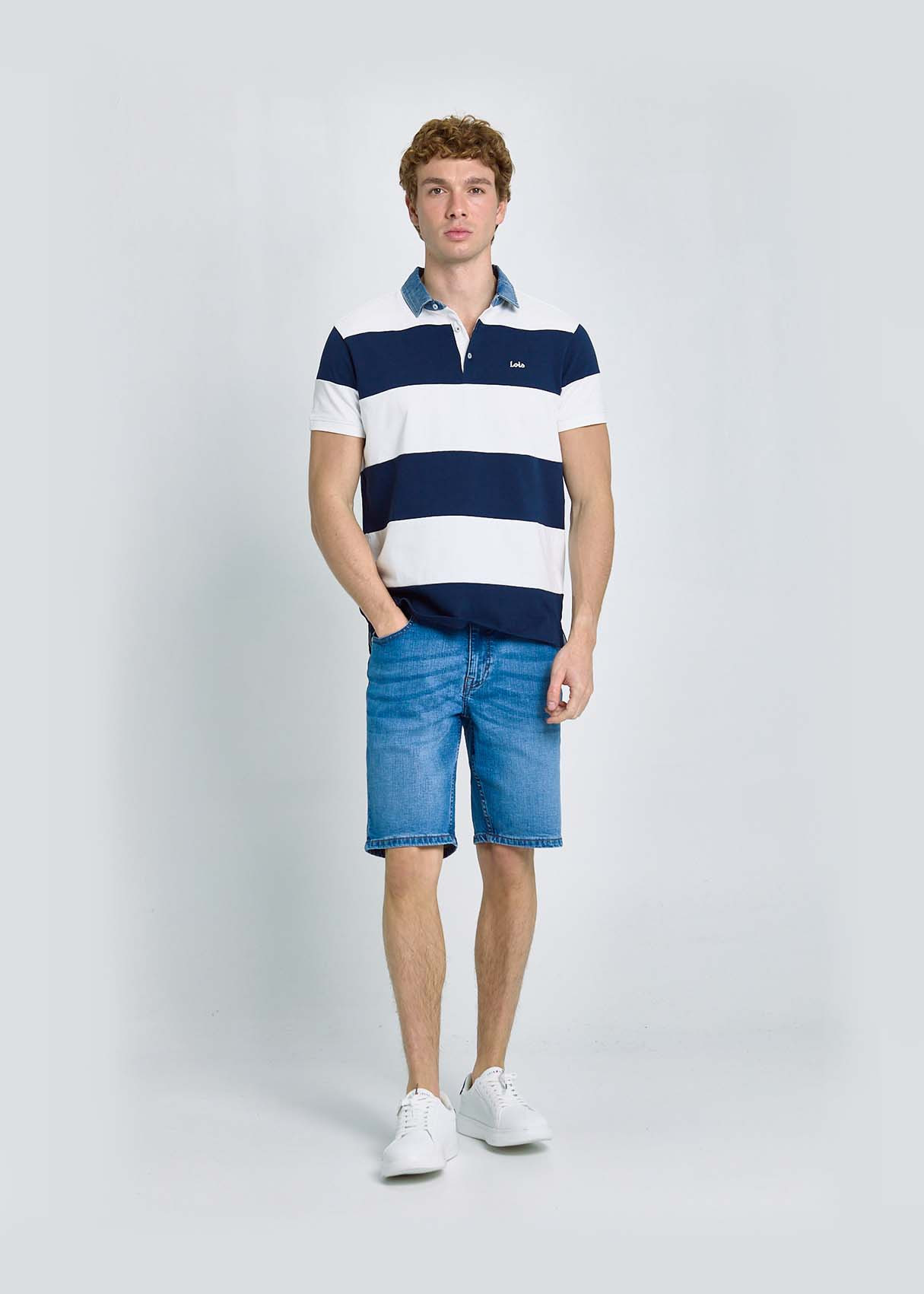 Polo Rayas Cuello Tejido Denim Auténtico Azul