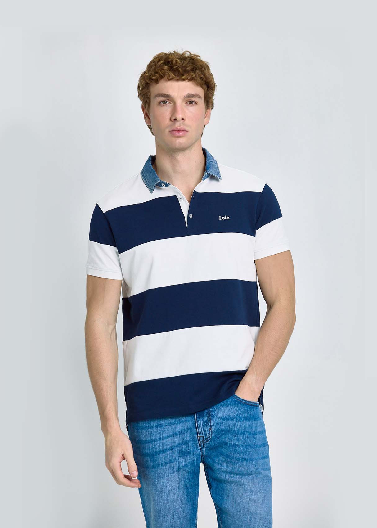 Polo Rayas Cuello Tejido Denim Auténtico Azul